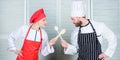 Ultimate cooking challenge. Culinary battle of two chefs. Couple compete in culinary arts. Kitchen rules. Culinary Royalty Free Stock Photo
