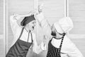 Ultimate cooking challenge. Culinary battle of two chefs. Couple compete in culinary arts. Kitchen rules. Who cook Royalty Free Stock Photo