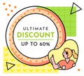 Ultimate discount sale banner with a smiling woman standing near advertising poster up to 60