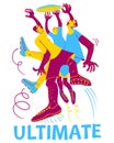 Ultimate frisbee players. Men catching flying disc. Sport competition. Flat style cute vector illustration