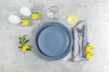 Ultimate Gray and Illuminating colors aesthetic elegant fine Easter events table place setting overhead. Top view creative Royalty Free Stock Photo