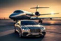 Ultimate Luxury: Super Car and Private Jet on the Landing Strip, Exuding Business Class Service at the Airport. created with Royalty Free Stock Photo