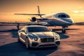 Ultimate Luxury: Super Car and Private Jet on the Landing Strip, Exuding Business Class Service at the Airport. created with Royalty Free Stock Photo