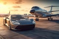 Ultimate Luxury: Super Car and Private Jet on the Landing Strip, Exuding Business Class Service at the Airport. created with Royalty Free Stock Photo