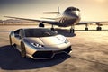 Ultimate Luxury: Super Car and Private Jet on the Landing Strip, Exuding Business Class Service at the Airport. created with Royalty Free Stock Photo