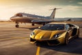 Ultimate Luxury: Super Car and Private Jet on the Landing Strip, Exuding Business Class Service at the Airport. created with Royalty Free Stock Photo