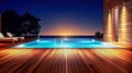 Ultimate Relaxation, A Wood Terrace and Swimming Pool at Night in Exotic Setting, Generative AI Royalty Free Stock Photo