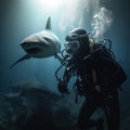 The Ultimate Test of Courage: Scuba Diver Confronts Shark. Generative ai Royalty Free Stock Photo