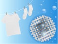 Vector realistic banner with white shirt soap bubbles and close-up of fiber structure. Ultra clean and fresh, deep clean effects,