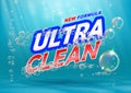 Ultra clean product. Template for laundry detergent with bubbles on blue.