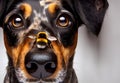 An ultra close-up of a shorthair t ortoiseshell dog with its eyes focused on a bumble bee sitting on its nose