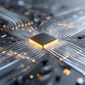 Ultra Detailed Close Up View of a Microchip with Glowing Circuit Pathways and Abstract Blurred Light Background Design Element Royalty Free Stock Photo