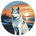 Ultra Detailed Husky Painting: Tondo Coastal Scenery In Silver And Cyan Royalty Free Stock Photo