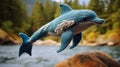 Ultra Detailed Knitted Dolphin On Rock In Lake