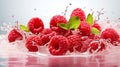 Ultra detailed photo of raspberries in juice splashing in isolation on the background with free space. Generative AI Royalty Free Stock Photo