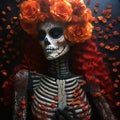 Ultra Detailed Pointillism Skeleton With Orange Flowers