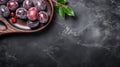 Ultra-detailed Top View Of Plum On Dark Stone In Wooden Dish