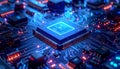 Ultra Futuristic AI Processor Chip on Glowing Circuit Board, Advanced Digital Technology, Machine Learning and Cyber Innovation Royalty Free Stock Photo