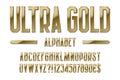 Ultra gold alphabet. Golden letters, numbers, dollar and euro currency signs, exclamation and question marks Royalty Free Stock Photo