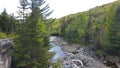 Ultra green forest setting with flowing river mid summer adventure in canada