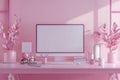 Minimalist Pink Office Desk with Blank Computer Screen Mockup Royalty Free Stock Photo