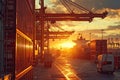Industrial Port at Sunset with Cranes and Cargo Ships Royalty Free Stock Photo