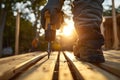 Carpenter drilling into wooden planks at sunset Royalty Free Stock Photo