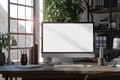 Ultra Hd Picture of Loft Workspace,Blank Screen Desktop Computer and Mockup Poster on Desk Royalty Free Stock Photo