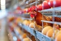 Close-up of a hen in a cage with eggs on a chicken farm Royalty Free Stock Photo