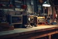 Vintage Electronic Devices and Laboratory Equipment on a Workbench Royalty Free Stock Photo