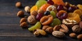 An ultra-high-definition image capturing a colorful mix of dried fruits and nuts on a dark wooden background, reflecting