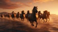 A horse herd against a solid background, bathed in the golden glow of a sunrise. Royalty Free Stock Photo