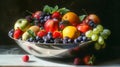Ultra high resolution still life of vibrant fruits with specular highlights and deep shadows