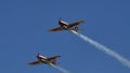 Ultra light planes in flight with smokes in sunny day with blue sky