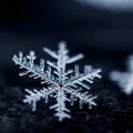 Ultra-macro snow crystal on a matte black surface, lit with thin silver highlights Royalty Free Stock Photo