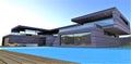 Ultra-modern country villa with a blue pool at sunset. Eco-friendly wood flooring. Great banner to buy a house in Canada. 3d
