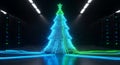 Ultra-modern 3D render of a low poly wireframe Christmas tree radiating intense blue and green digital light inside a dark data ce Royalty Free Stock Photo