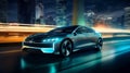 An ultra-modern electric vehicle zips down a neon-drenched highway, skyscrapers soaring into the evening sky, AI generated Royalty Free Stock Photo