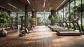 Ultra-Modern Gym Room With Eco-Friendly Architecture With Plants. Advanced Sport Equipment For Future Of Gym. Generative AI