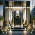 Ultra Modern Home Front Black Entrance Door Decorations Christmas Holiday Celebrating Season Wreath AI Generate