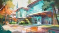 Ultra Modern Japanese suburban home architectural illustration. Generative AI