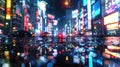 Ultra-modern metropolis in 3D showcases neon illumination, holographic signs, casting reflections on glistening roadways