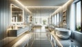 An ultra-modern and sophisticated bathroom in a deluxe home, featuring a predominantly white design. The bathroom has a