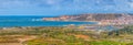Ultra panoramic view at the Nazare Village with touristic beach, atlantic ocean and sky