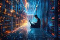 Ultra Quality Picture of Computer Engineer Working on Laptop with Data Center Background Royalty Free Stock Photo