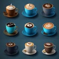 Ultra-realistic art of a variety of coffees on a table.