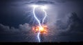 Ultra-realistic cinematic close-up of a lightning bolt shattering a powerline, sparks exploding Royalty Free Stock Photo
