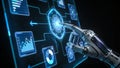 Humanoid Robot Hand Touching Futuristic Holographic Digital Interface with Floating Data Icons Royalty Free Stock Photo