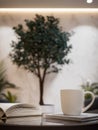 Ultra realistic contemporary studio flat interior with mug, open book, and tree Royalty Free Stock Photo