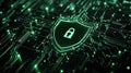 cyber security theme with a shield icon featuring a lock in the center, set against a dark background Royalty Free Stock Photo
